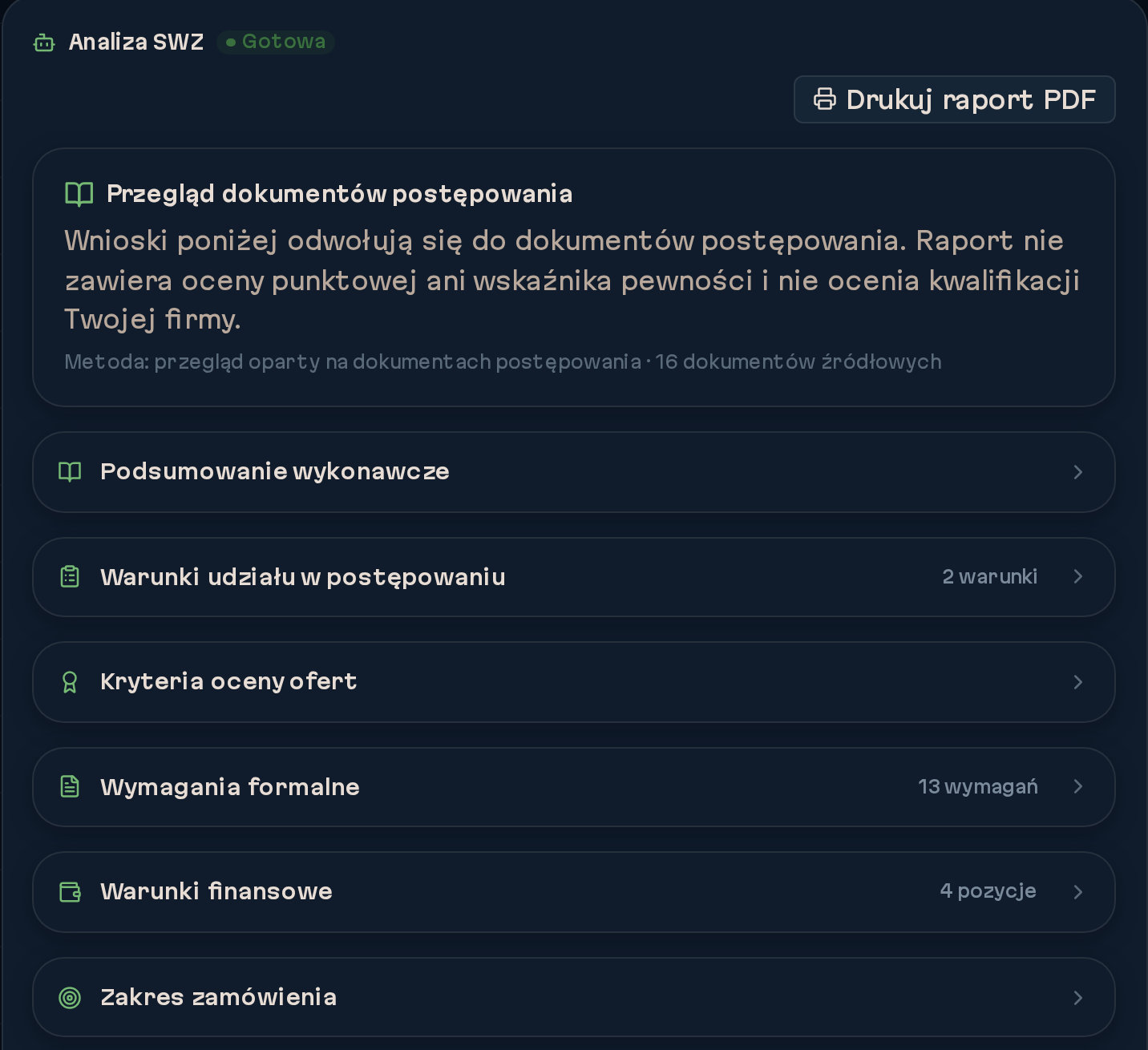 Analiza SWZ w demo ze źródłami i sekcjami przeglądu dokumentów