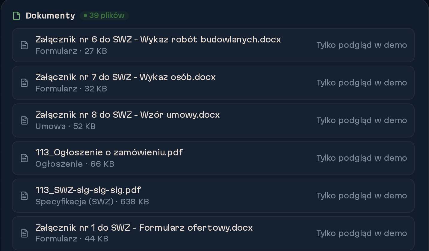 Dokumenty w demo z nazwami, typami i oznaczeniem Tylko podgląd w demo